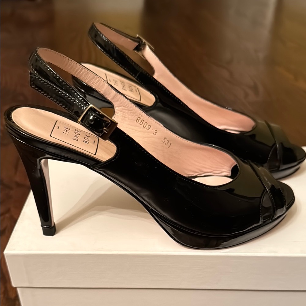 The Shoe Box Patent Leather Black Slingback Heels
